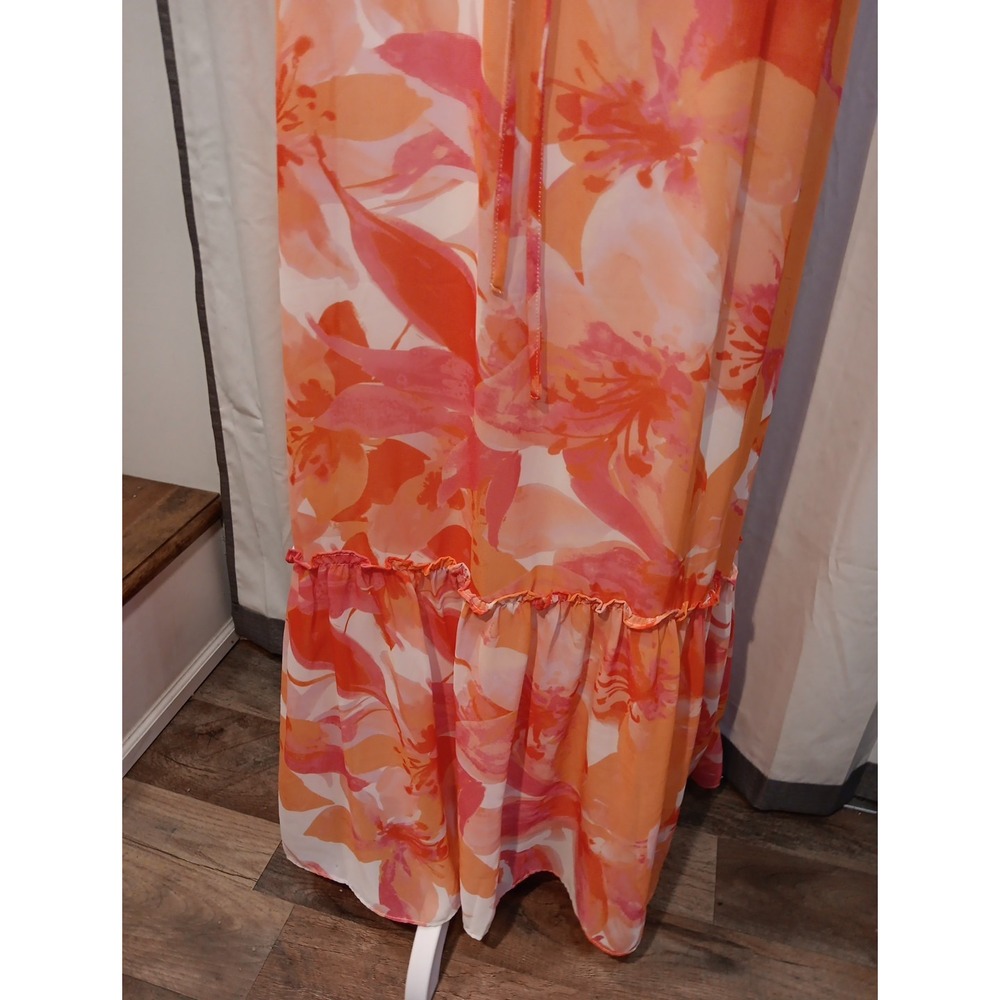 Nicole Miller Tropical Sheer Tiered Maxi Dress Belted Floral Boho XS - Picture 3 of 13